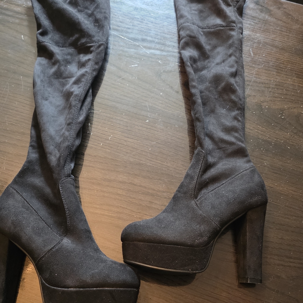 Women's Black Suede-Look Over-the-Knee Platform Boots Size 40